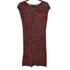 Ralph Lauren Women Paisley Knit Form Fitting Sweater Dress XS Silk Cashmere Red